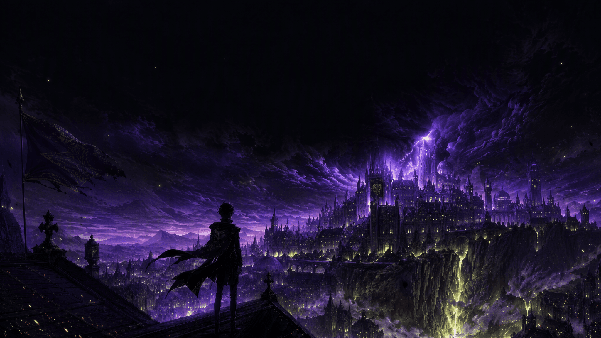 Academy concept artwork: a vast castle beneath violet lightning.